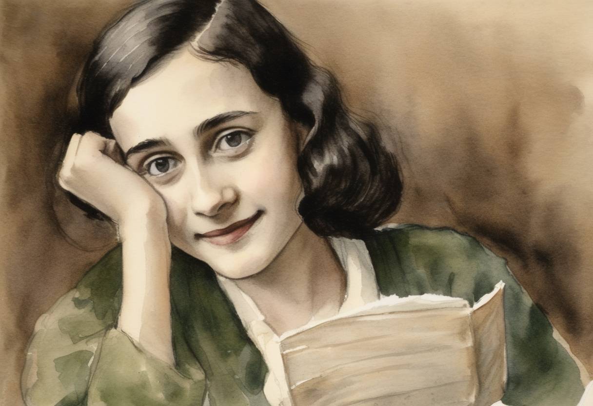 Watercolor painting based depiction of Anne Frank received a diary as a gift for her thirteenth birthday, which she would later use to document her life in hiding during the German occupation of the Netherlands. (1942)