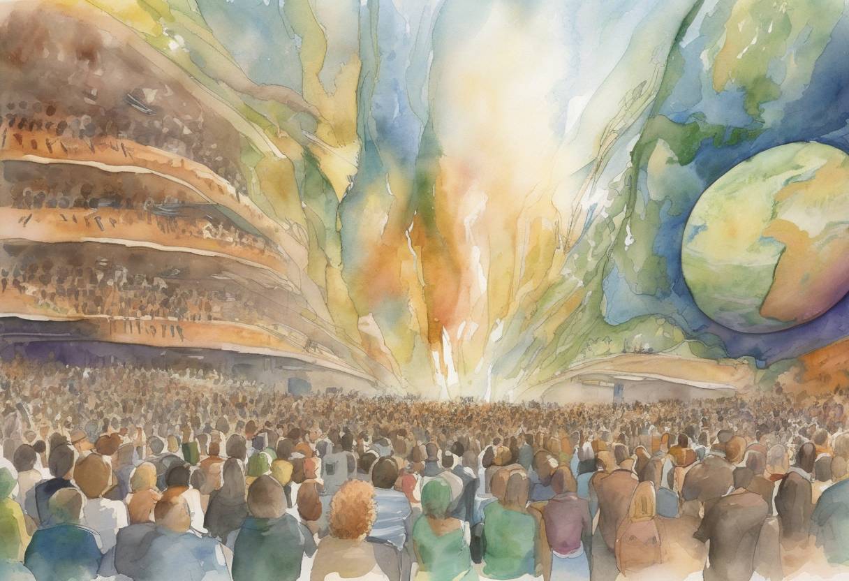 Watercolor painting based depiction of The Live Earth concerts, a series of music events, were held across seven continents to raise awareness about climate change. Organized by former U.S. Vice President Al Gore and the Alliance for Climate Protection, the concerts featured over 150 musical acts and reached an estimated global audience of 2 billion people. (2007)