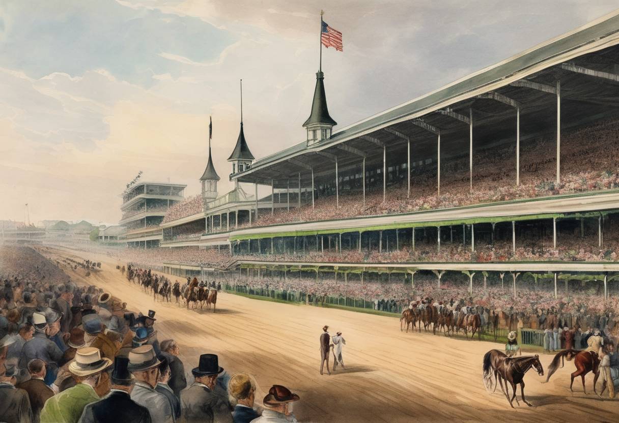 Watercolor painting based depiction of The first Kentucky Derby was held at Churchill Downs in Louisville, Kentucky, establishing what would become the longest-running horse race in the United States. (1875)
