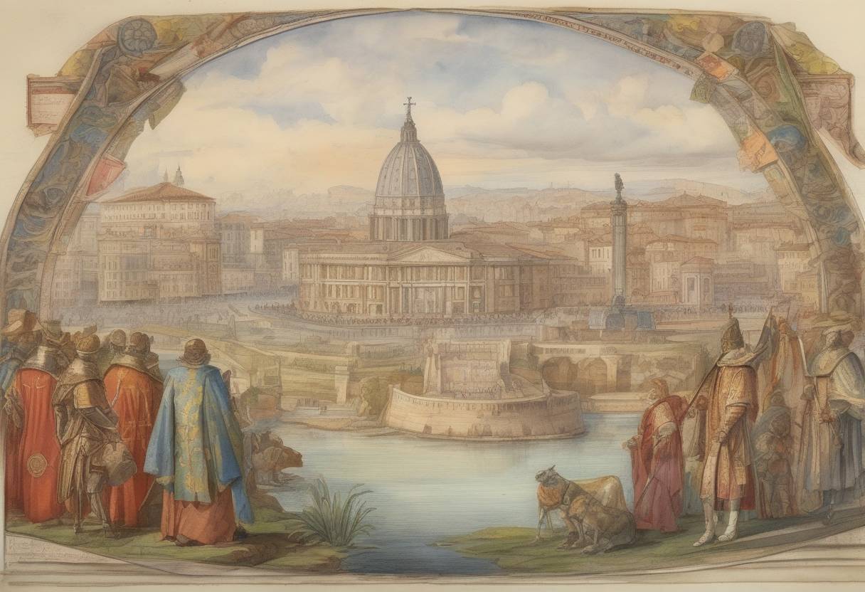 Watercolor painting based depiction of Pope Alexander VI issued the papal bull 'Inter caetera,' which granted Spain rights to colonize the New World, drawing a line of demarcation between Spanish and Portuguese territories. (1493)