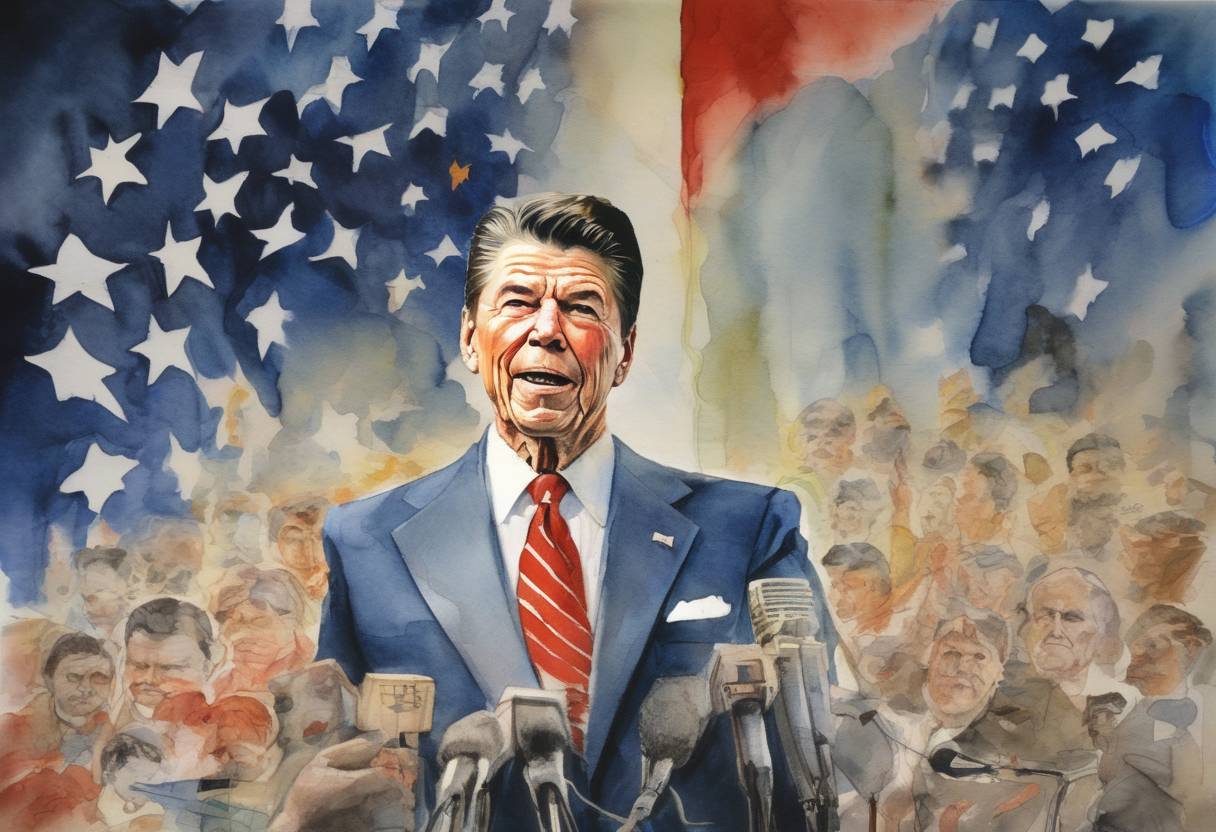 Watercolor painting based depiction of U.S. President Ronald Reagan called the Soviet Union an "evil empire" in a speech to the National Association of Evangelicals. (1983)