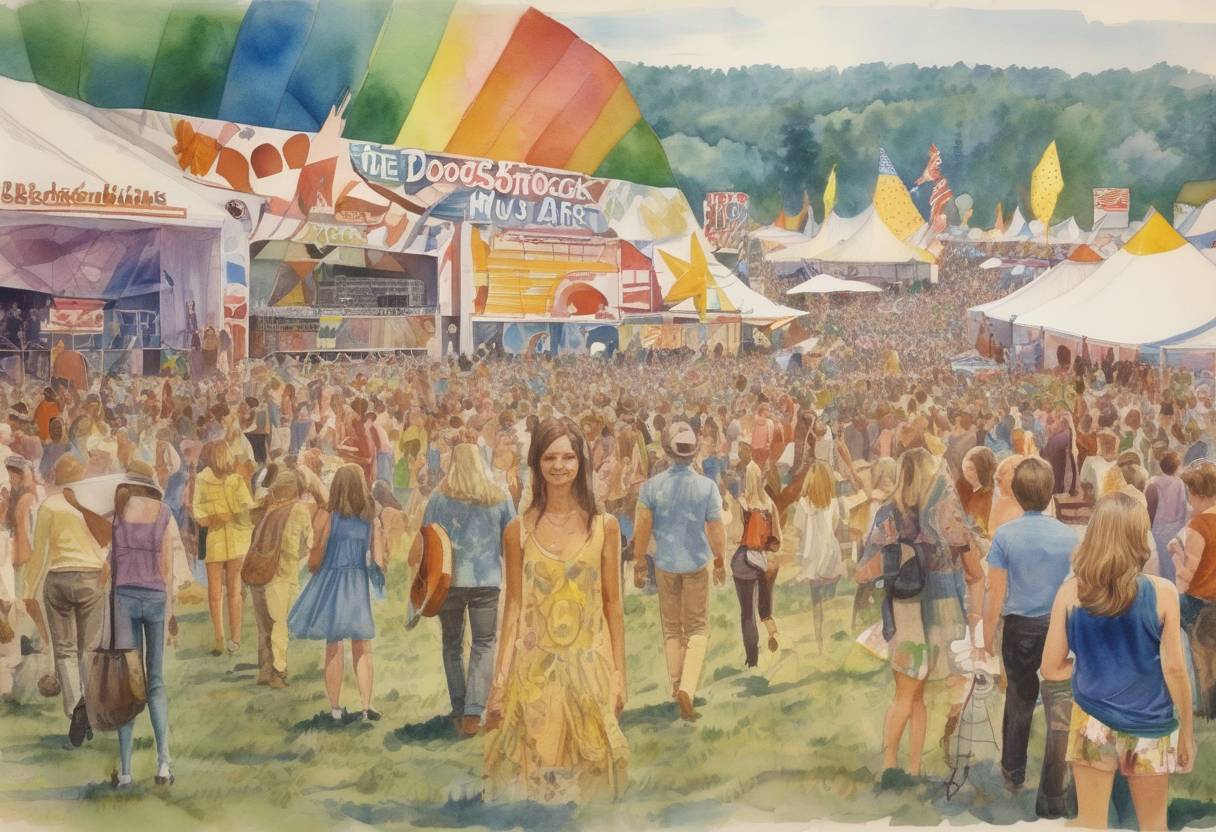 Watercolor painting based depiction of The Woodstock Music & Art Fair opened in Bethel, New York, becoming a symbol of the 1960s counterculture movement. (1969)