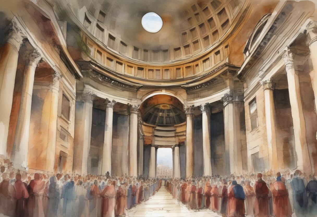 Watercolor painting based depiction of The Pantheon in Rome is consecrated as a Christian church by Pope Boniface IV, dedicating it to the Virgin Mary and all the Martyrs, marking the first known instance of a pagan temple being transformed into a Christian place of worship. (609)