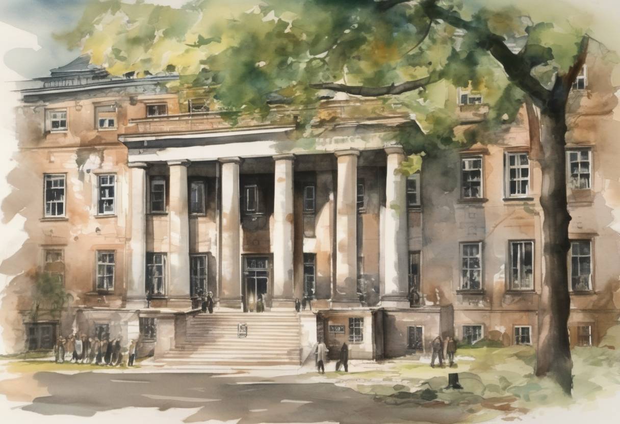 Watercolor painting based depiction of The Wannsee Conference was held in Berlin, where Nazi officials discussed and coordinated the implementation of the 'Final Solution,' the plan to exterminate the Jewish population of Europe. (1942)