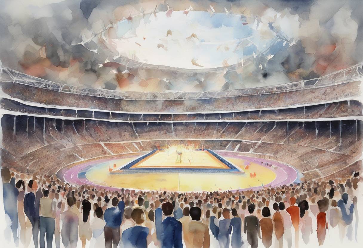 Watercolor painting based depiction of The opening ceremony of the 2012 Summer Olympics was held in London, United Kingdom, showcasing British culture and history, and marking the start of the Games attended by athletes from 204 nations. (2012)