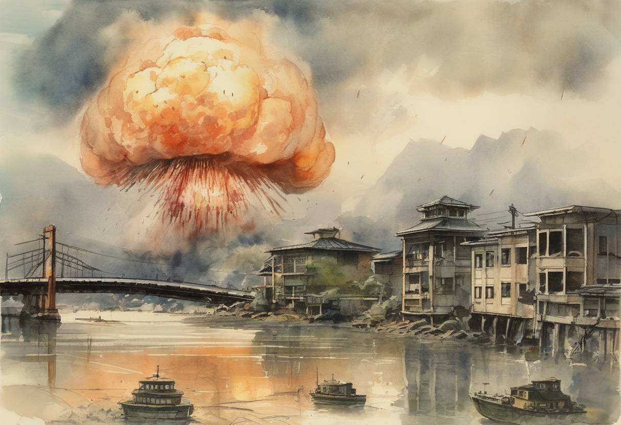 Watercolor painting based depiction of The United States dropped an atomic bomb on Hiroshima, Japan, during World War II, marking the first use of nuclear weapons in warfare. (1945)