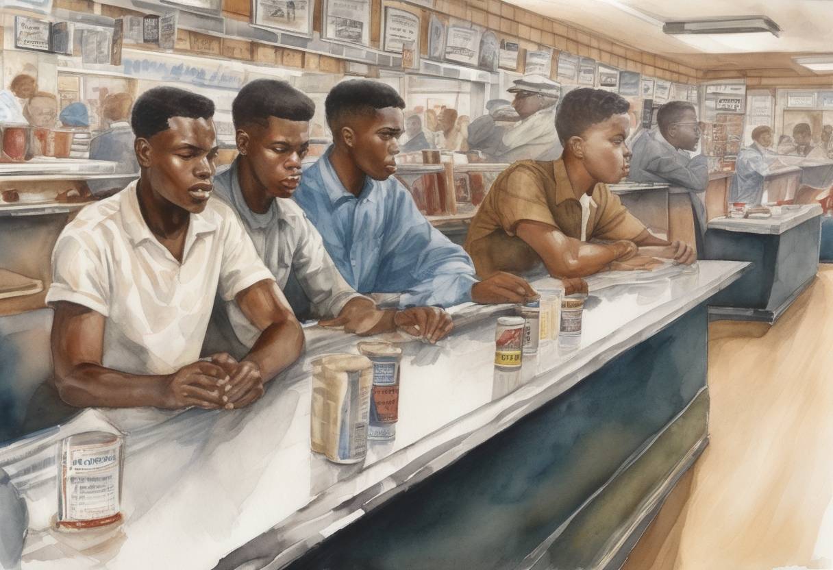 Watercolor painting based depiction of Four African American students stage the first Greensboro sit-in at a segregated Woolworth's lunch counter in Greensboro, North Carolina. (1960)
