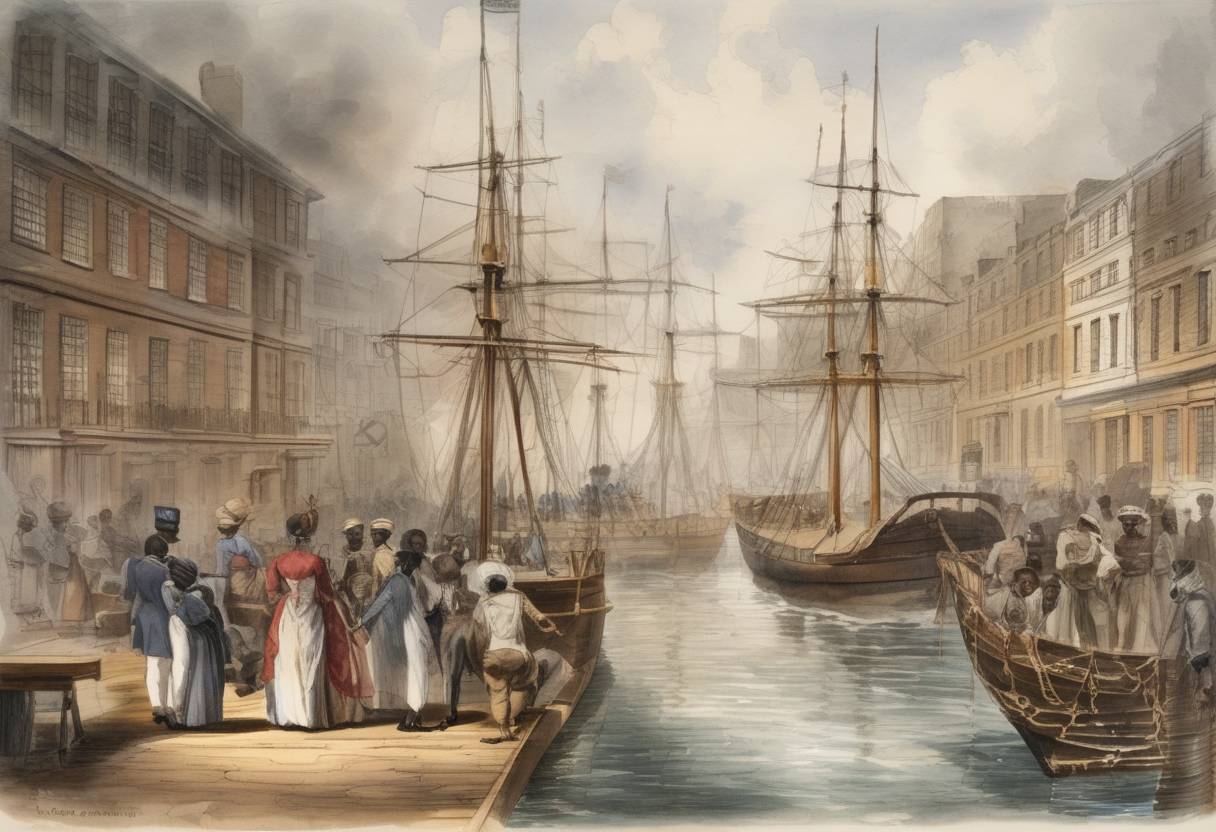 Watercolor painting based depiction of Slavery was abolished in the British Empire as the Slavery Abolition Act 1833 came into effect. (1834)