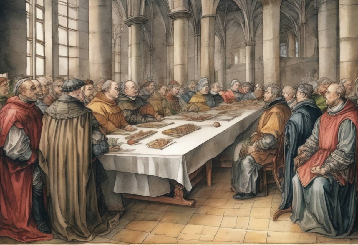 Watercolor painting based depiction of Martin Luther appeared before the Diet of Worms to respond to charges of heresy. (1521)