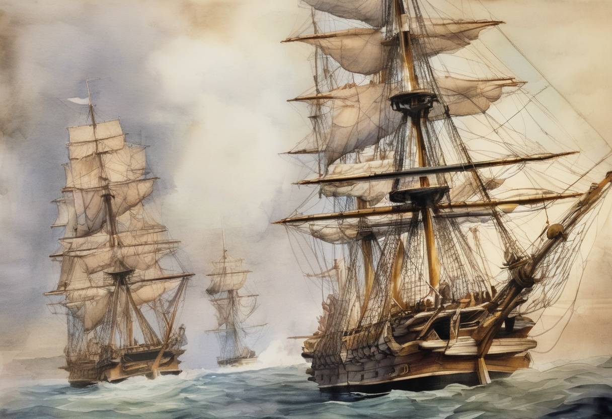 Watercolor painting based depiction of The mutiny on the HMS Bounty occurred when Fletcher Christian and other disaffected crew members seized control of the ship from Captain William Bligh. (1789)