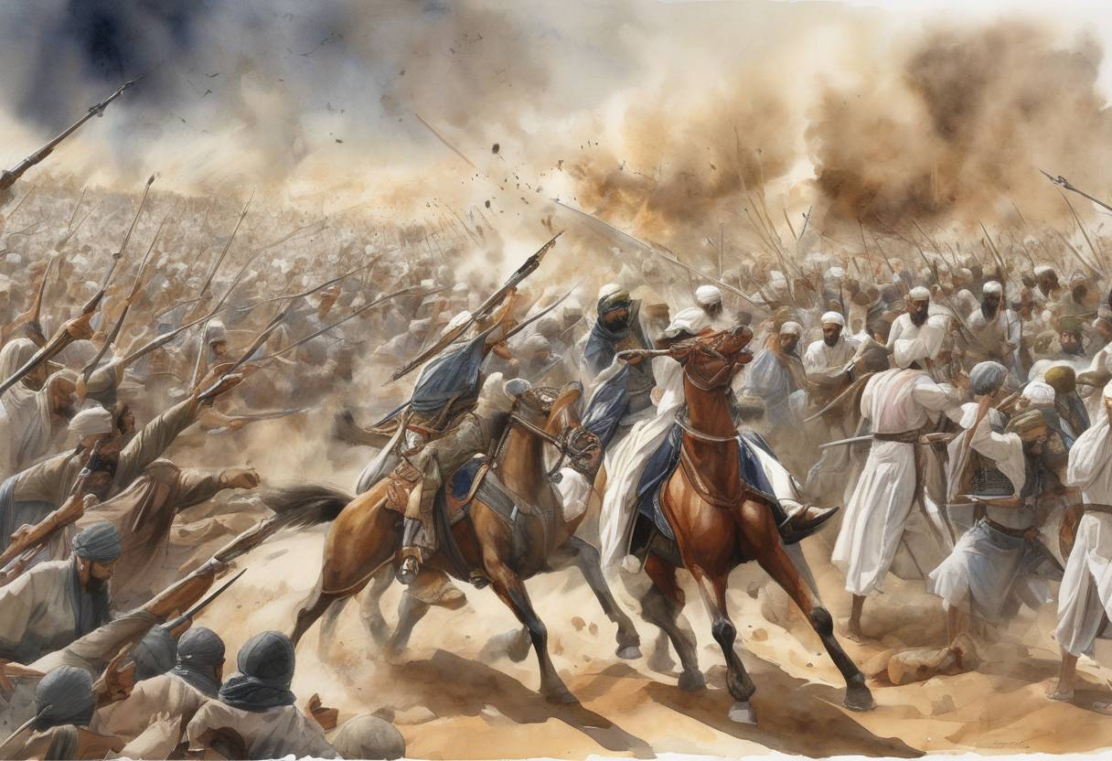 Watercolor painting based depiction of The Battle of the Trench (also known as the Battle of Khandaq) concluded. This was a pivotal moment during the early Islamic period where the Muslim community in Medina, led by the Prophet Muhammad, successfully defended the city against a coalition of Meccan tribes. (627)