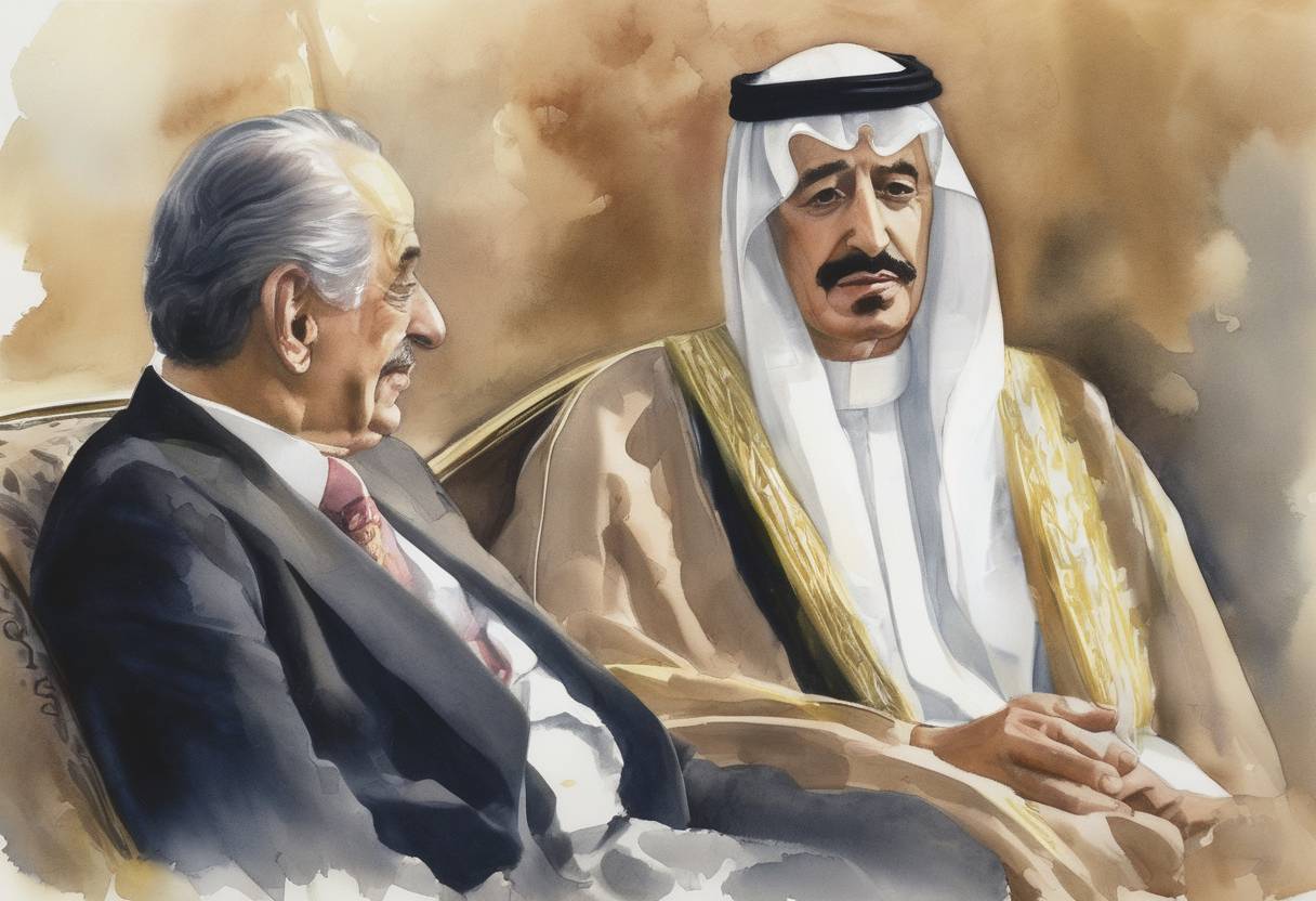 Watercolor painting based depiction of King Faisal of Saudi Arabia was assassinated by his nephew, leading to a significant transition in the Saudi monarchy. (1975)