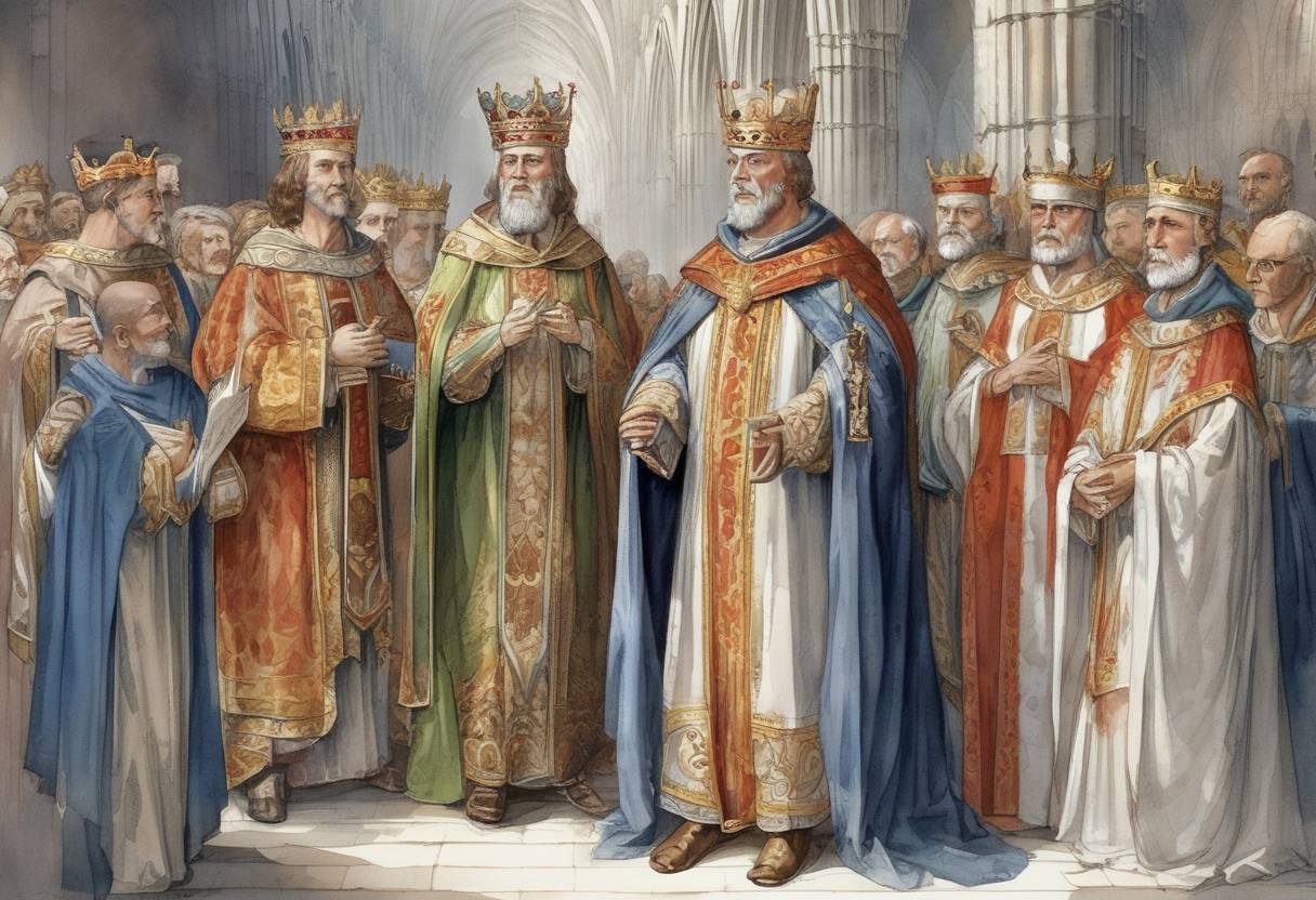 Watercolor painting based depiction of John is crowned King of England at Westminster Abbey, succeeding his brother Richard I. (1199)