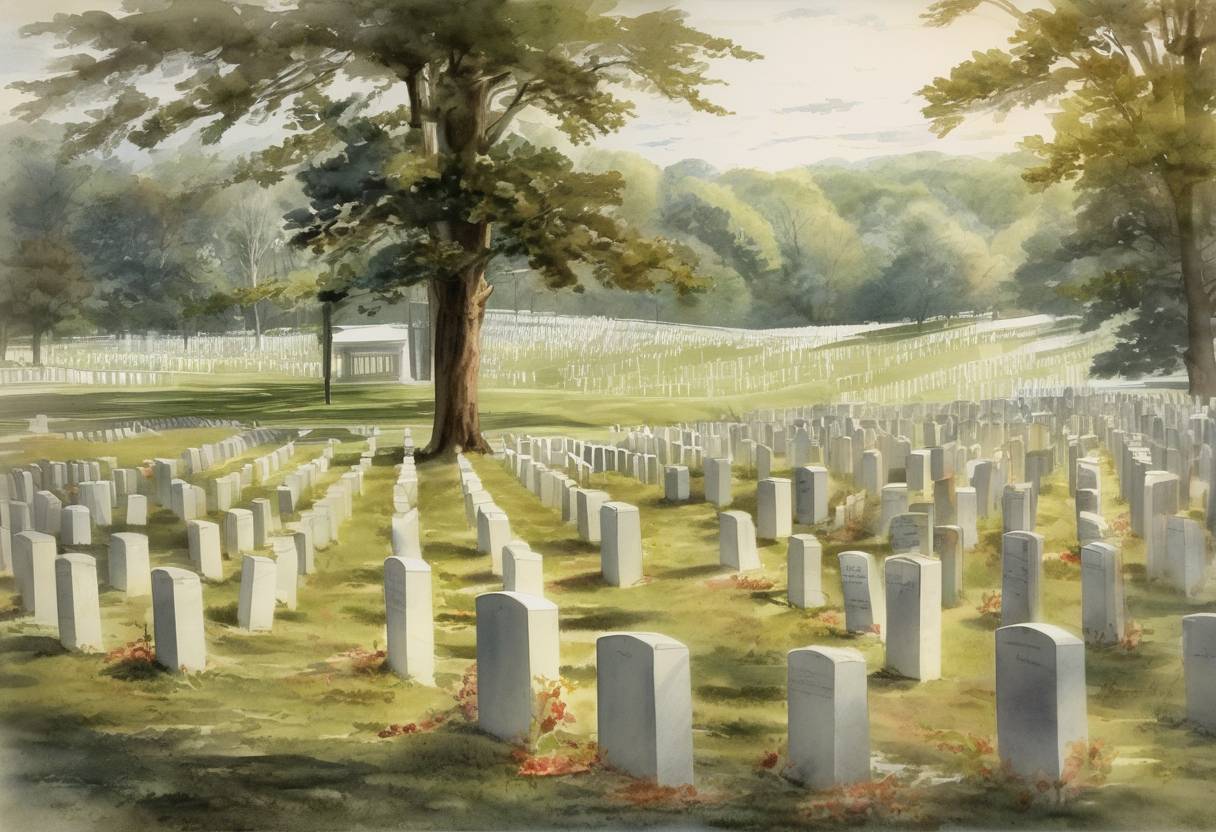 Watercolor painting based depiction of Arlington National Cemetery was established when 200 acres of the grounds of Arlington House were officially set aside as a military cemetery. (1864)