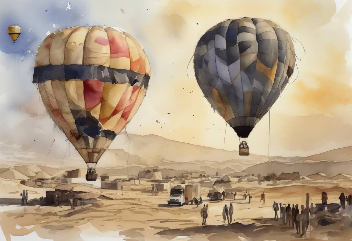 Watercolor painting based depiction of A hot air balloon crash near Luxor, Egypt, killed 19 tourists, marking one of the deadliest ballooning accidents in history. (2013)