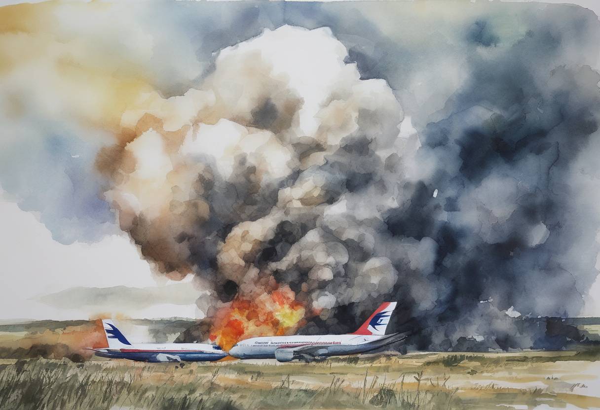 Watercolor painting based depiction of Malaysia Airlines Flight 17 is shot down over eastern Ukraine, killing all 298 people on board. The incident escalates tensions in the ongoing conflict between Ukraine and pro-Russian separatists. (2014)