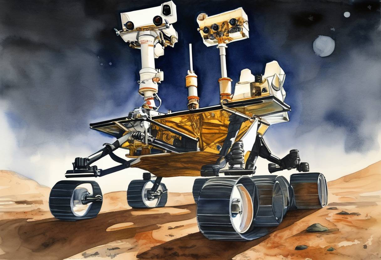 Watercolor painting based depiction of The Spirit Rover, part of NASA's Mars Exploration Rover Mission, was launched from Cape Canaveral, Florida, on its way to Mars. (2003)