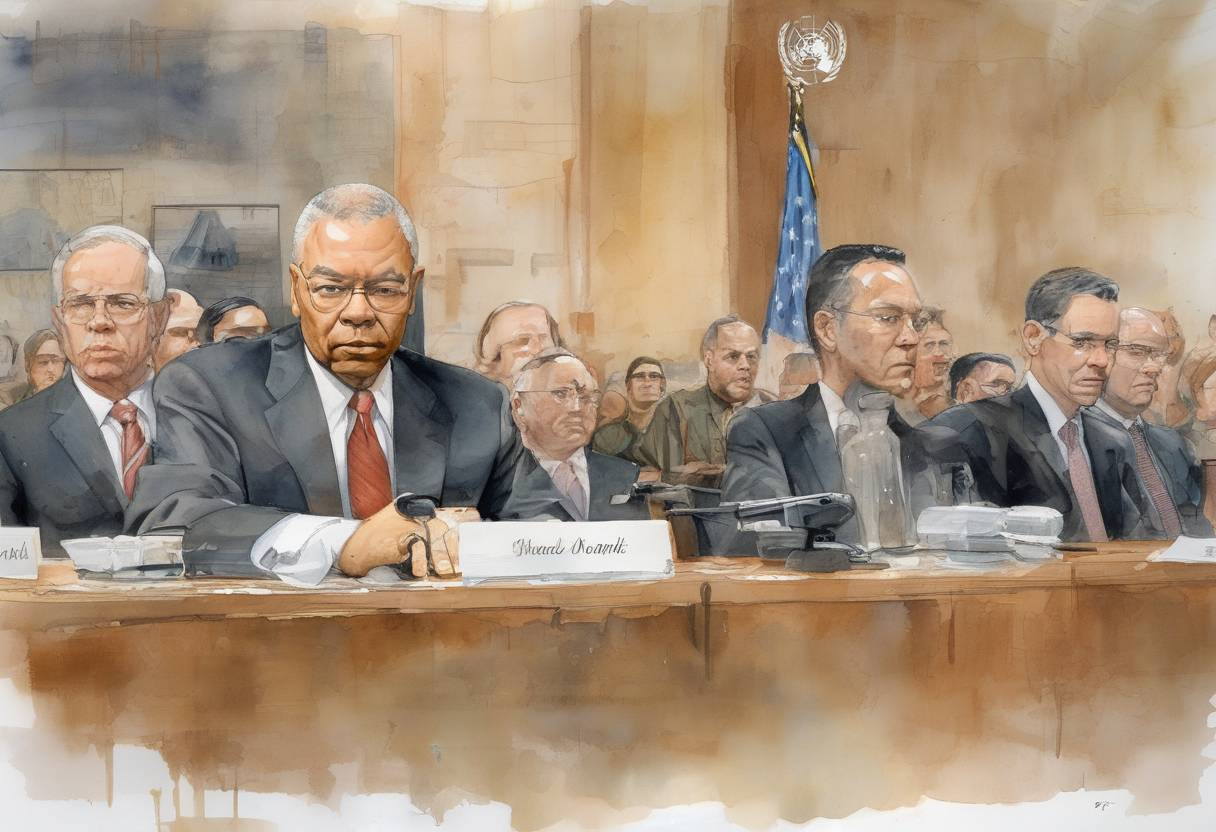 Watercolor painting based depiction of U.S. Secretary of State Colin Powell presented evidence to the United Nations Security Council alleging that Iraq possessed weapons of mass destruction, which was a pivotal moment leading up to the Iraq War. (2003)