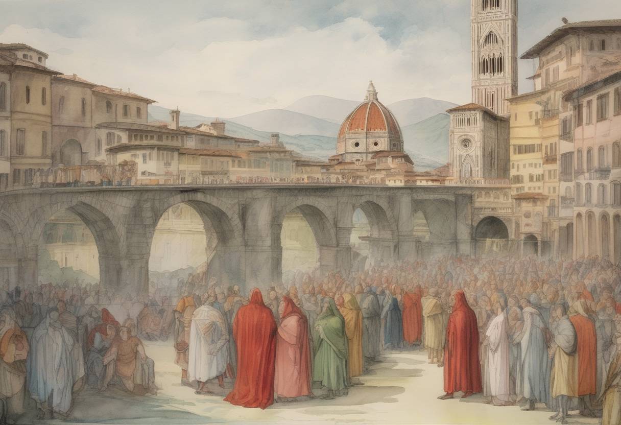 Watercolor painting based depiction of Dante Alighieri is exiled from Florence, Italy, due to his political affiliations and opposition to the Black Guelphs. (1302)