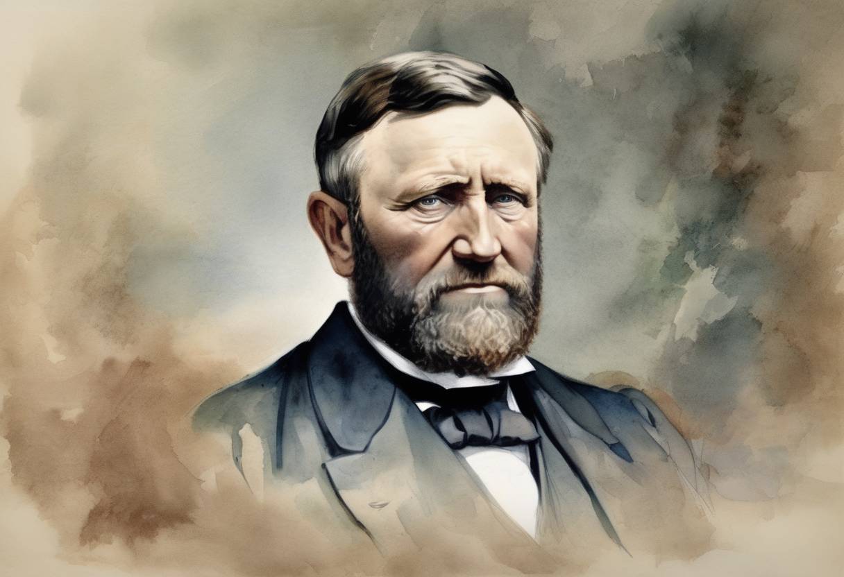 Watercolor painting based depiction of Ulysses S. Grant, the 18th President of the United States, dies. (1885)