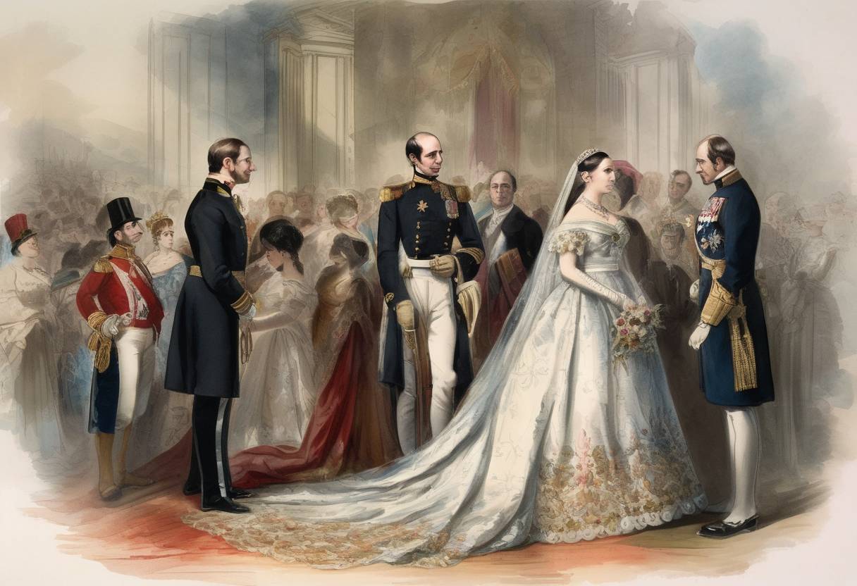 Watercolor painting based depiction of Queen Victoria of the United Kingdom marries Prince Albert of Saxe-Coburg and Gotha. (1840)