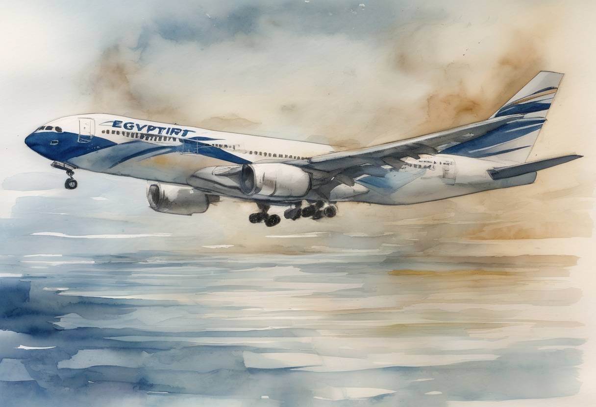 Watercolor painting based depiction of EgyptAir Flight 804 crashes into the Mediterranean Sea while en route from Paris to Cairo, killing all 66 people on board. (2016)