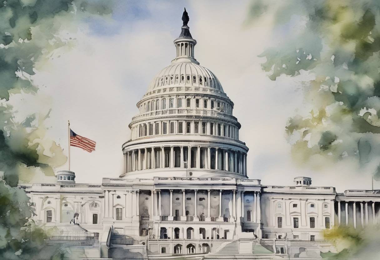 Watercolor painting based depiction of The United States Congress passed the Tax Cuts and Jobs Act, a major overhaul of the U.S. tax code, which included significant tax cuts for corporations and individuals. (2017)