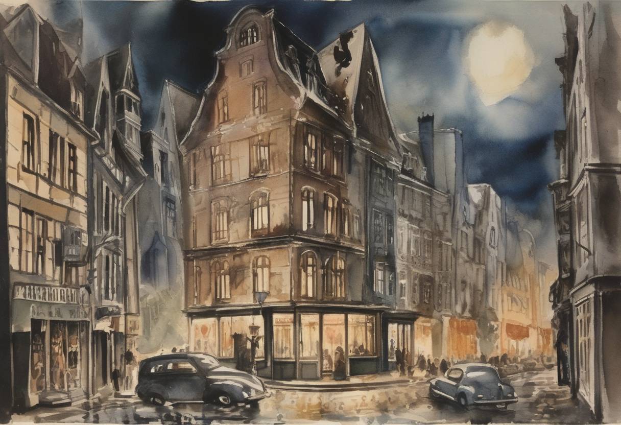 Watercolor painting based depiction of Kristallnacht, also known as the Night of Broken Glass, occurred in Nazi Germany, where Jewish homes, businesses, and synagogues were attacked, marking a significant escalation in the Nazi persecution of Jews. (1938)