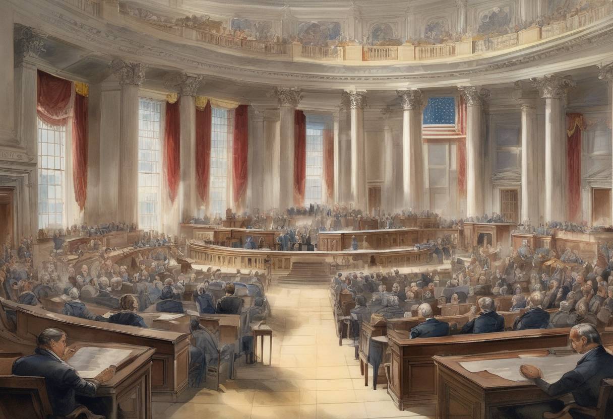 Watercolor painting based depiction of The United States Congress held its first session in Washington, D.C., in the partially completed Capitol building. (1800)