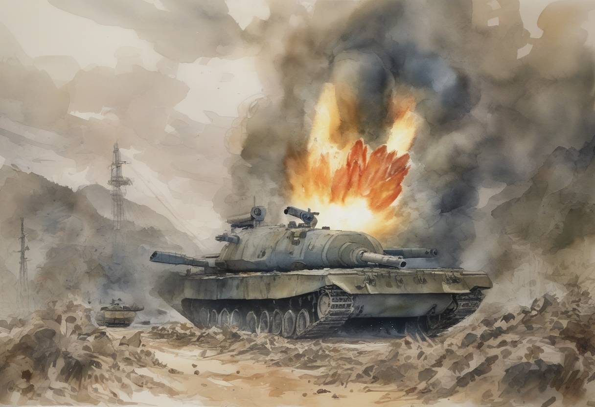 Watercolor painting based depiction of North Korea conducted its fifth nuclear test, claiming it was a successful detonation of a nuclear warhead that could be mounted on ballistic rockets. (2016)