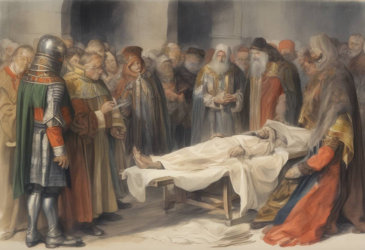Watercolor painting based depiction of The death of Adalbert of Prague, a Bohemian missionary and bishop who played a significant role in the Christianization of Central Europe. (990)