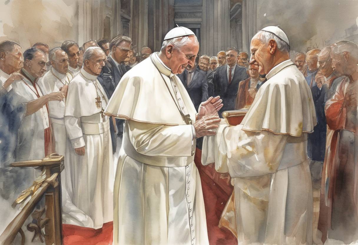 Watercolor painting based depiction of Pope John Paul I dies suddenly after only 33 days in office, leading to the election of Pope John Paul II. (1978)