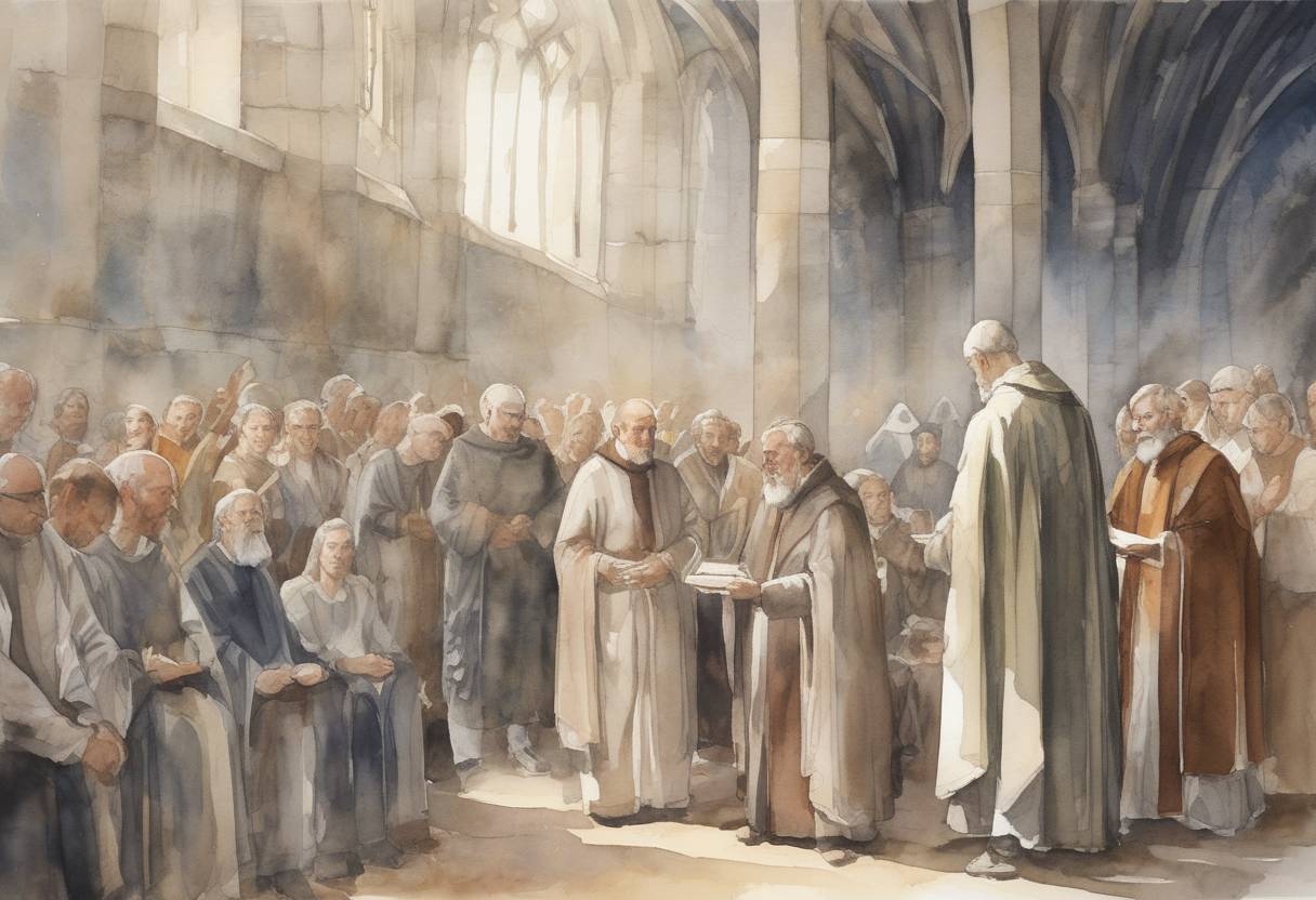 Watercolor painting based depiction of The Venerable Bede, an English monk and scholar, died. He was a significant figure in the history of the English church and is best known for his work 'Ecclesiastical History of the English People.' (735)