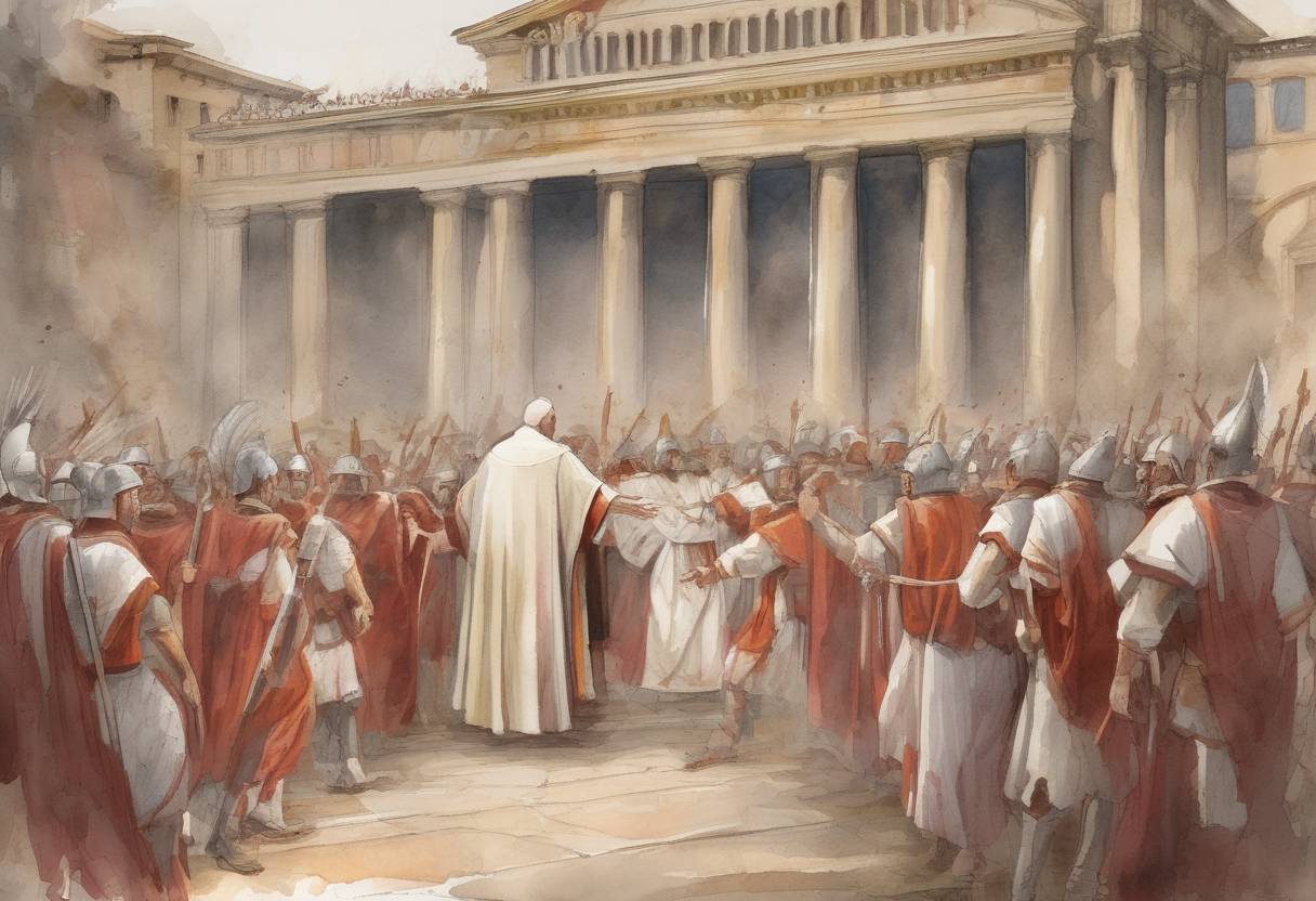 Watercolor painting based depiction of Pope Callixtus I is martyred, marking a significant event in early Christian history. He was known for his efforts to reconcile with heretical sects and for his role in the development of the early Church's penitential system. (222)