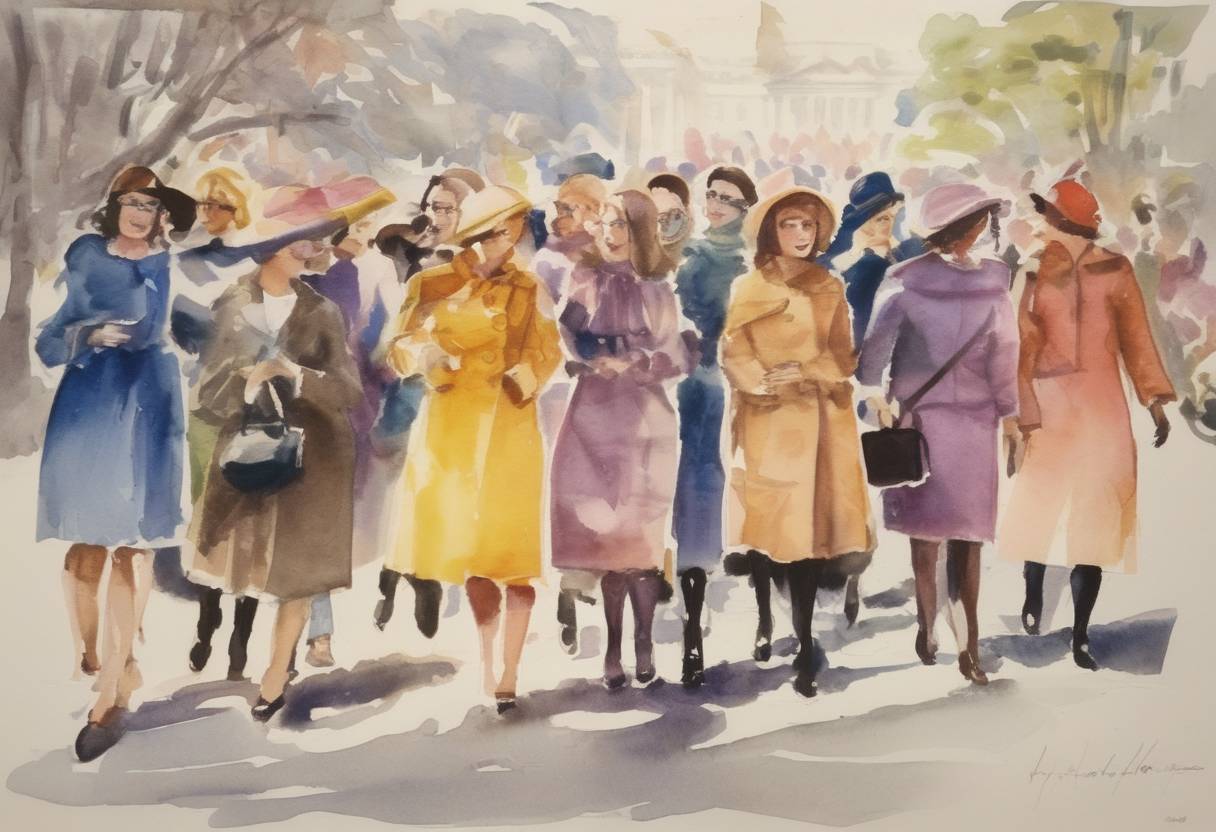Watercolor painting based depiction of The National Organization for Women (NOW) was founded in Washington, D.C., aiming to advocate for women's rights and equality in the United States. (1966)