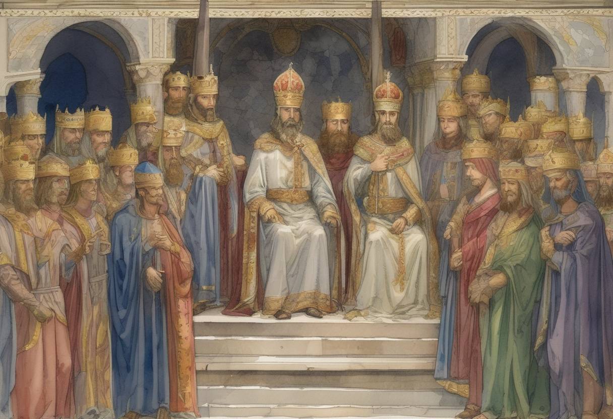 Watercolor painting based depiction of Emperor Louis the Pious is restored to power after being deposed by his sons, marking a significant event in the Carolingian Empire. (834)