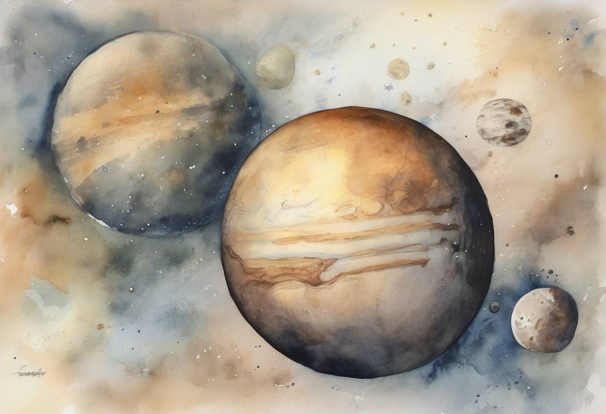 Watercolor painting based depiction of Pluto was reclassified as a 'dwarf planet' by the International Astronomical Union, reducing the number of planets in the Solar System from nine to eight. (2006)