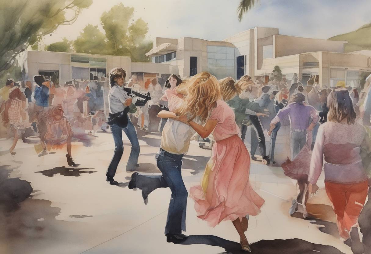 Watercolor painting based depiction of Brenda Ann Spencer opened fire at a school in San Diego, California, killing two people and injuring nine others, which inspired the song 'I Don't Like Mondays' by The Boomtown Rats. (1979)