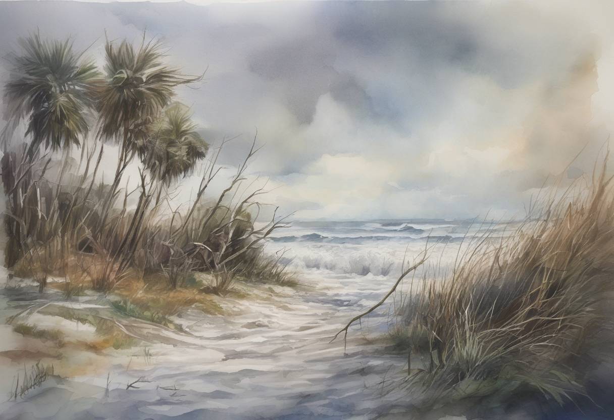 Watercolor painting based depiction of Hurricane Matthew made landfall in the United States, causing widespread damage and power outages along the southeastern coast. (2016)