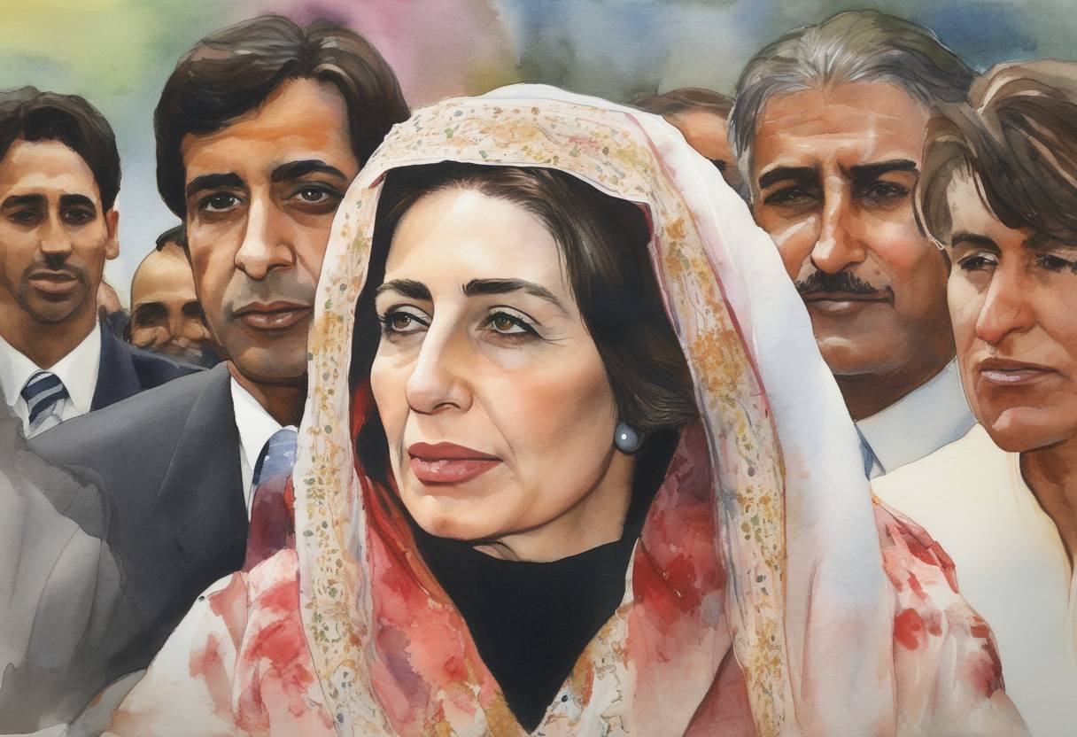 Watercolor painting based depiction of Benazir Bhutto was sworn in as Prime Minister of Pakistan, becoming the first woman to head the government of a Muslim-majority country. (1988)