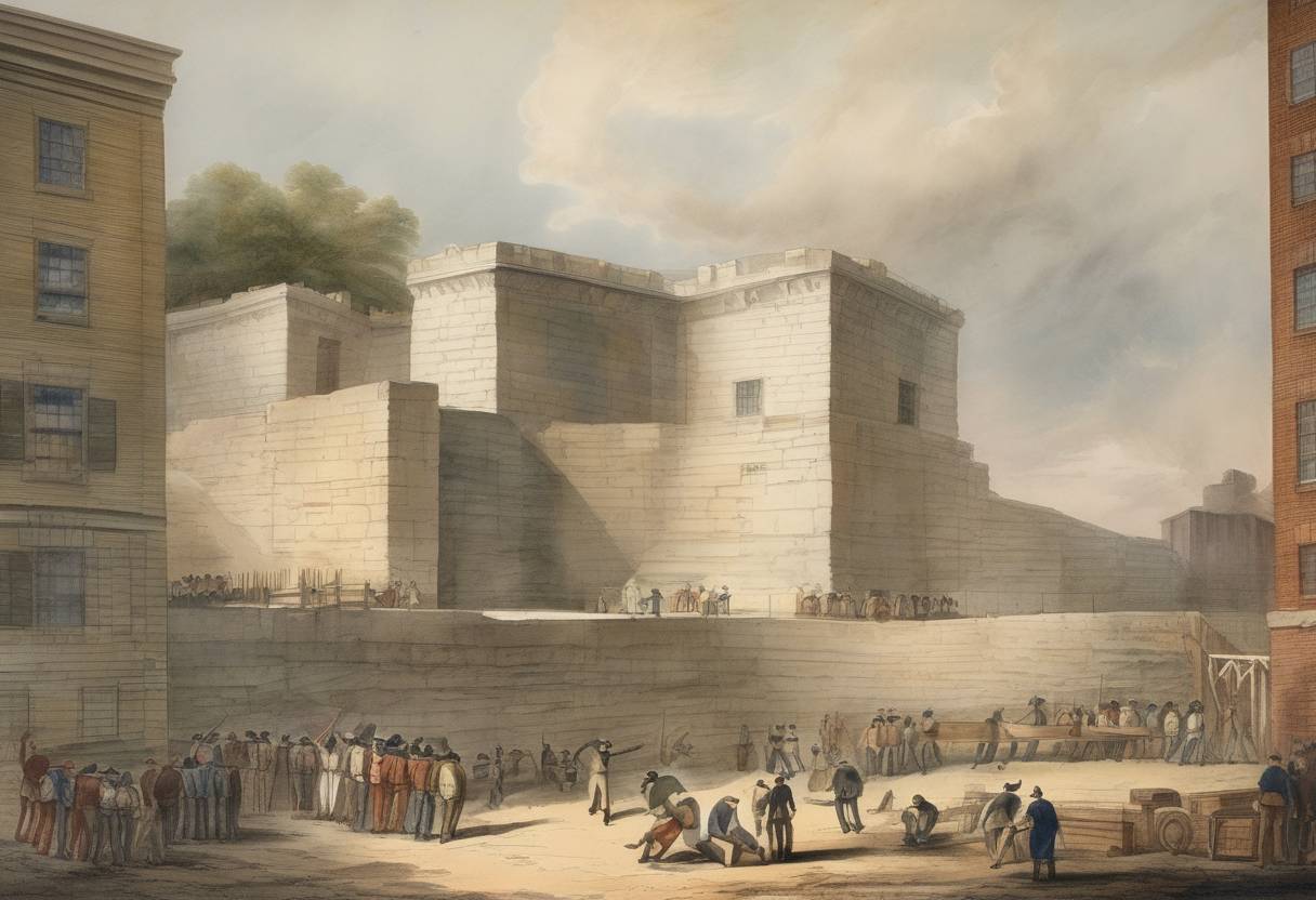 Watercolor painting based depiction of The first cornerstone is laid for Fort Hamilton in New York City. (1825)