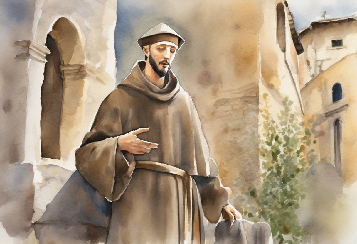 Watercolor painting based depiction of Saint Francis of Assisi, the founder of the Franciscan Order, died. He was canonized as a saint by Pope Gregory IX in 1228 and is one of the most venerated religious figures in Christianity. (1226)
