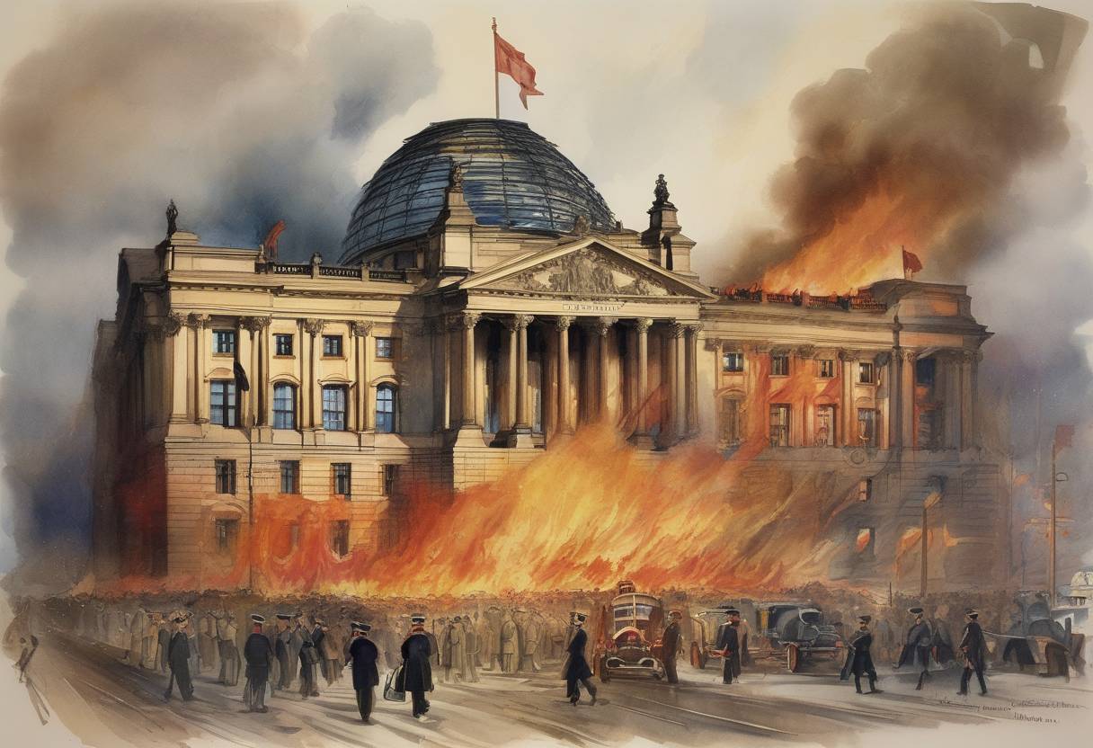 Watercolor painting based depiction of The Reichstag Fire Decree was issued by President Paul von Hindenburg of Germany, following the Reichstag fire, which suspended civil liberties and allowed for the arrest of political opponents. (1933)