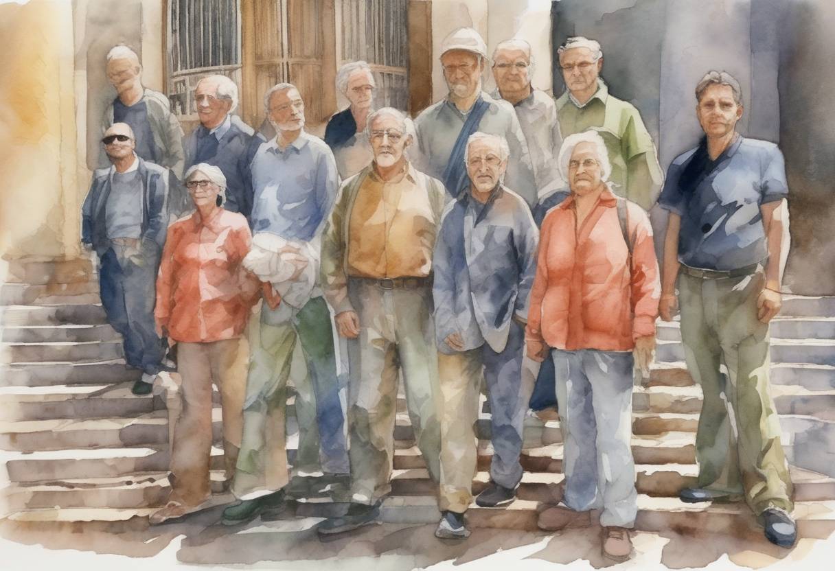 Watercolor painting based depiction of The Genoa Group of Eight (G8) summit concluded in Genoa, Italy, amid widespread protests against globalization and the policies of the G8 nations. (2001)