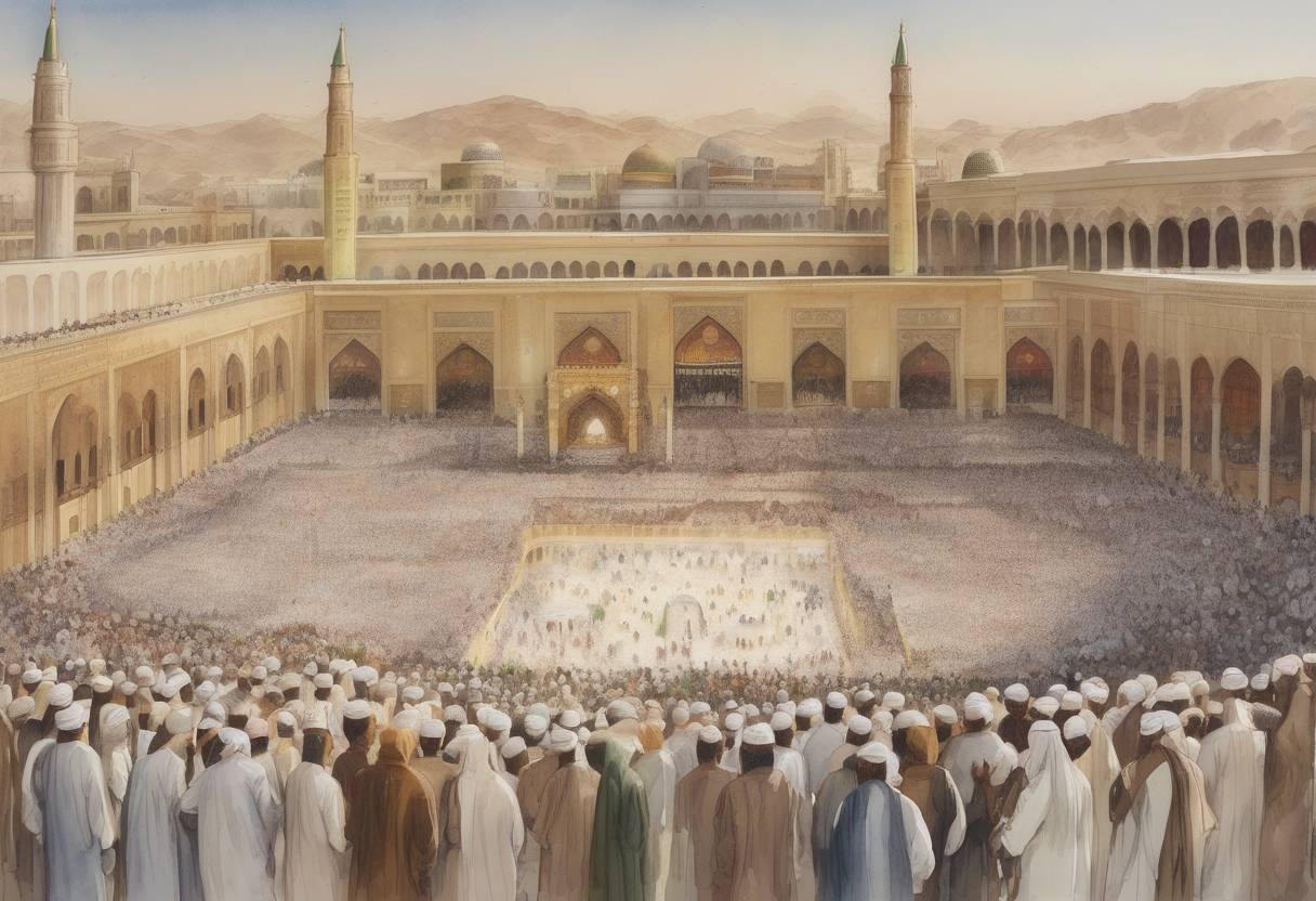 Watercolor painting based depiction of The Prophet Muhammad delivers his Farewell Sermon during his final pilgrimage to Mecca, which is considered a pivotal moment in Islamic history as it outlines key principles of the faith. (632)