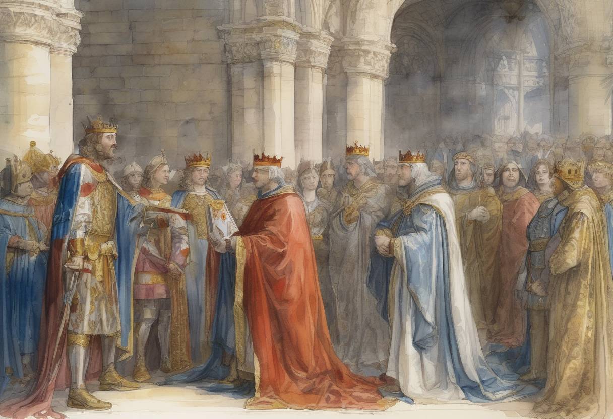 Watercolor painting based depiction of Duke Hugh the Great of France is appointed as the guardian of the young King Louis IV, marking a significant power shift in the Frankish kingdom. (936)