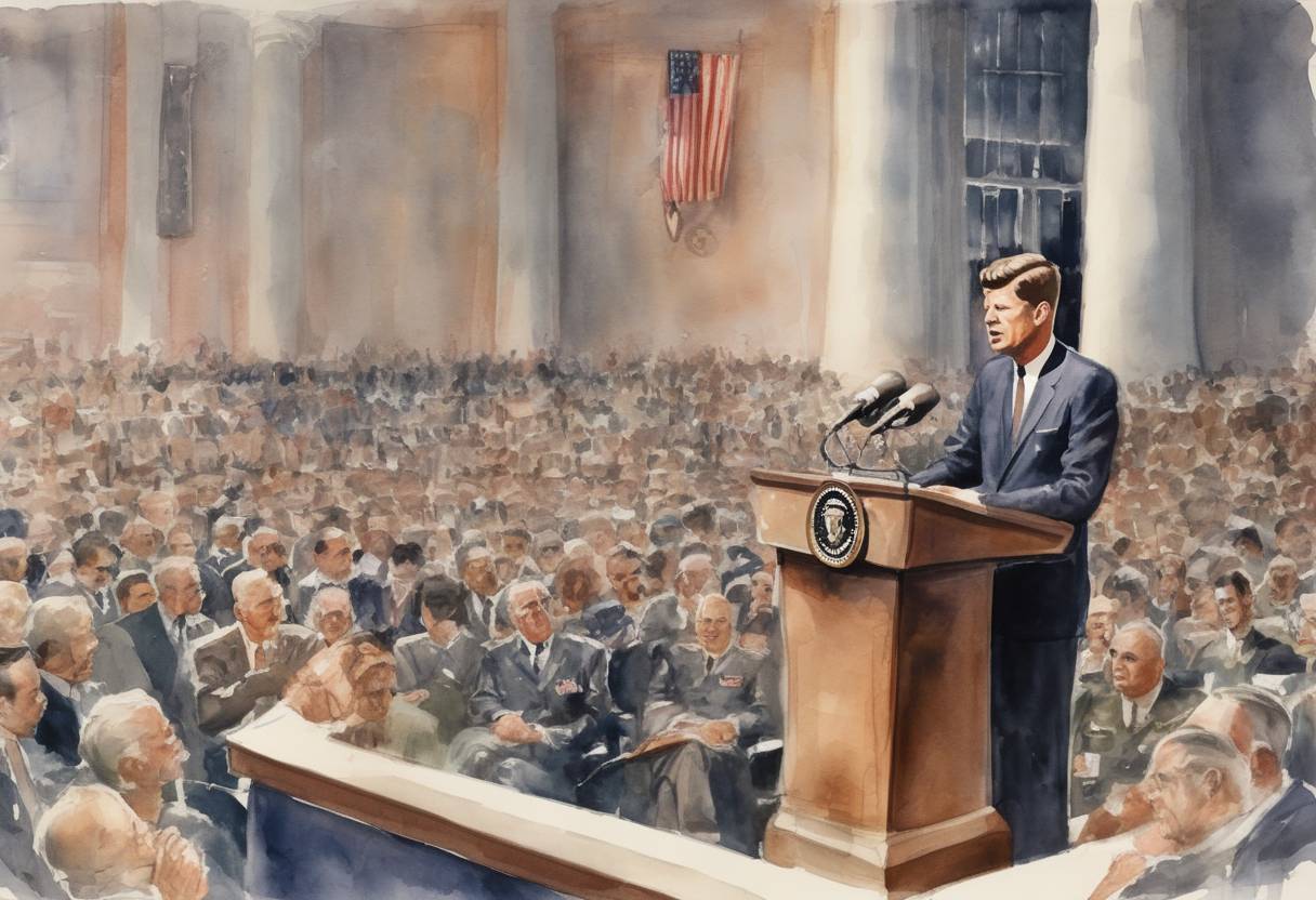 Watercolor painting based depiction of President John F. Kennedy addresses the United States about the Cuban Missile Crisis, announcing a naval blockade of Cuba. (1962)