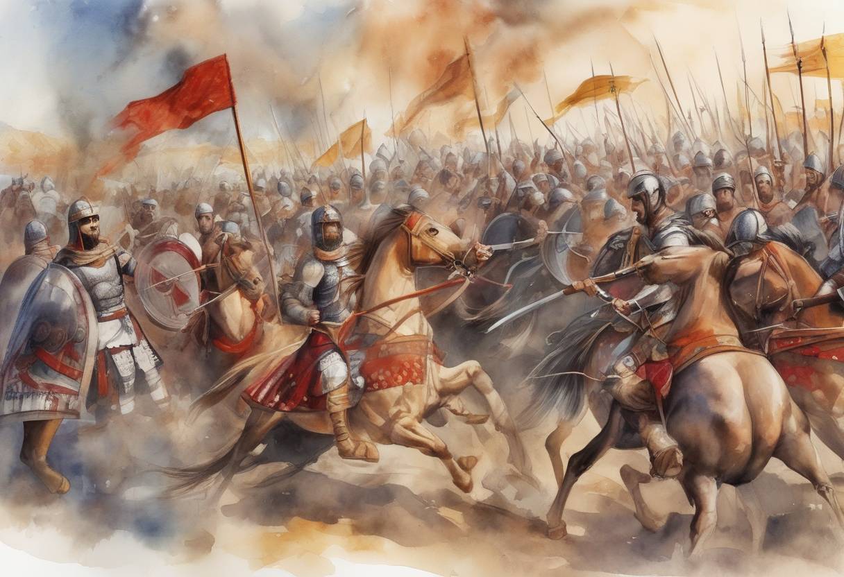Watercolor painting based depiction of The Battle of Dara took place between the Byzantine Empire and the Sassanid Empire. It was part of the Iberian War, where the Byzantines, led by General Belisarius, achieved a significant victory. (530)