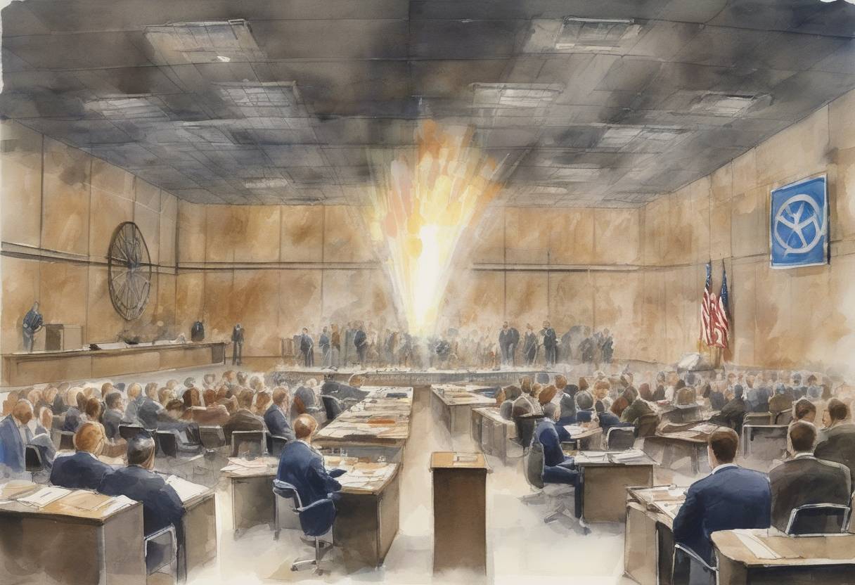 Watercolor painting based depiction of The Treaty on the Non-Proliferation of Nuclear Weapons (NPT) entered into force, aiming to prevent the spread of nuclear weapons and promote peaceful uses of nuclear energy. (1970)