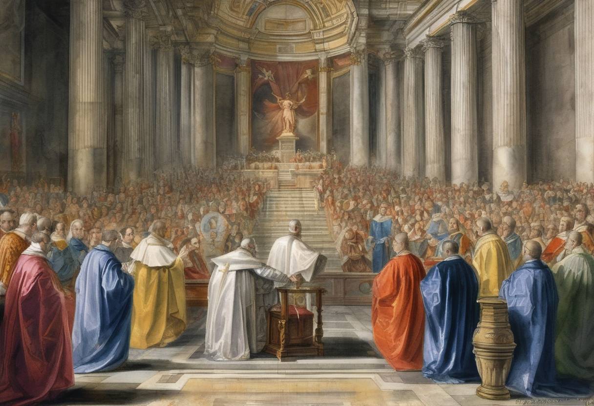 Watercolor painting based depiction of Gregory XV became Pope, known for his efforts to reform the Catholic Church and for founding the Congregation for the Propagation of the Faith. (1621)